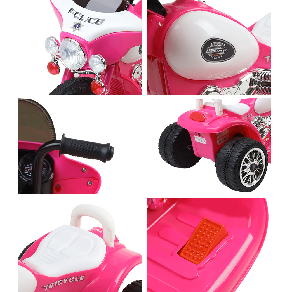 Collage of a pink toy tricycle with police design, showing different parts.