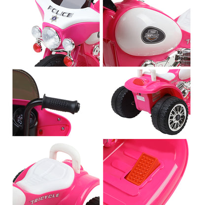 Collage of a pink toy tricycle with police design, showing different parts.