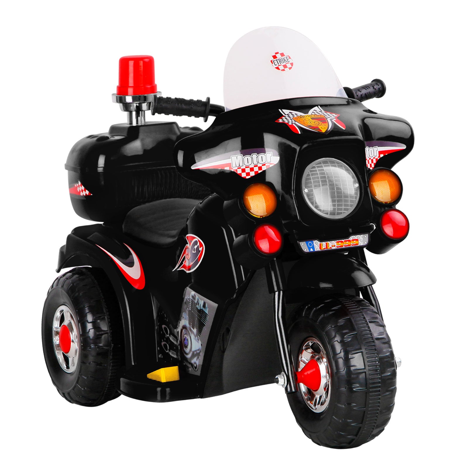 Toy motorcycle with lights and a helmet on a white background