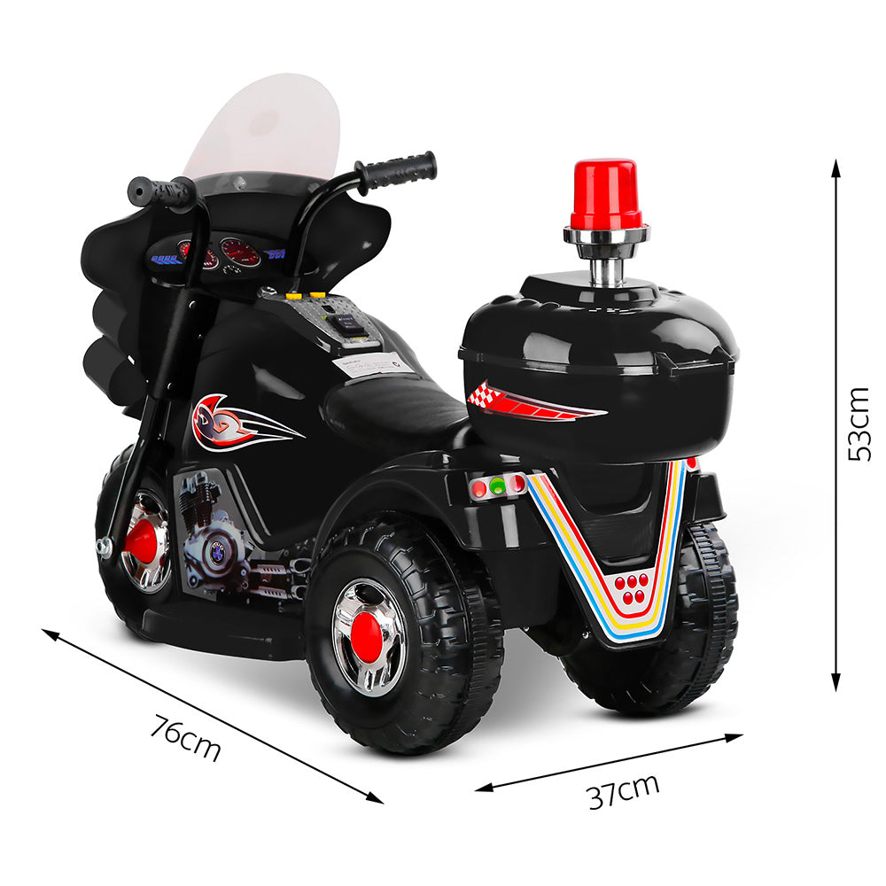 Black toy motorcycle with red lights and dimensions on a white background