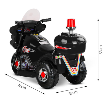 Black toy motorcycle with red lights and dimensions on a white background