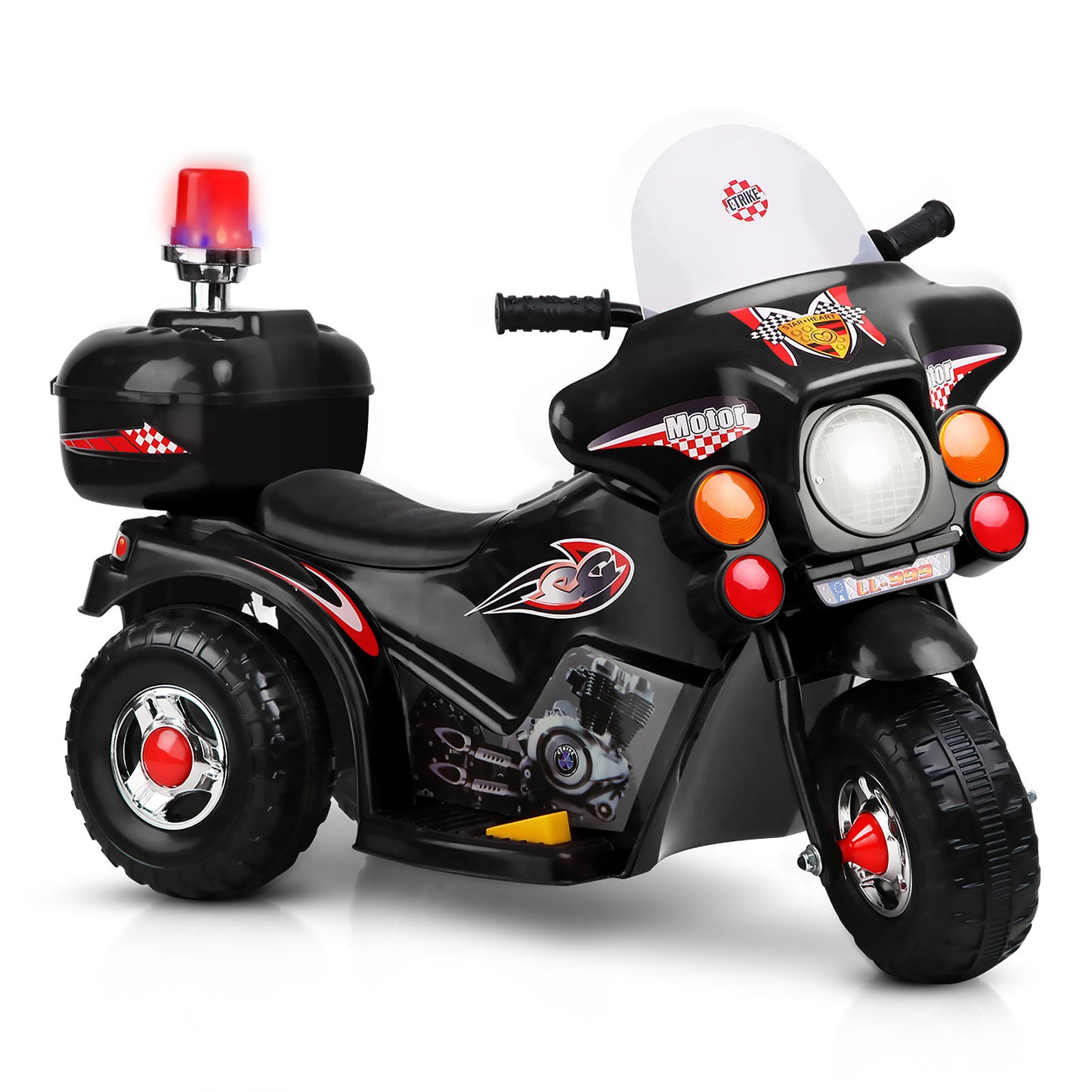 Black toy motorcycle with red and orange lights on a white background
