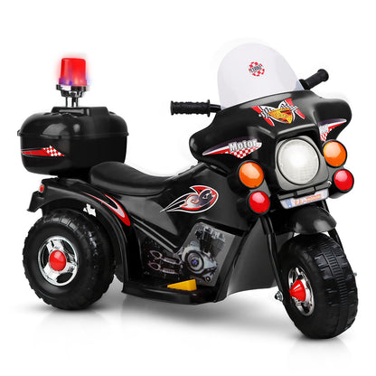 Black toy motorcycle with red and orange lights on a white background
