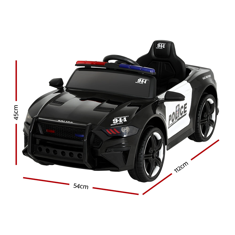 Children's toy police car with dimensions on a white background