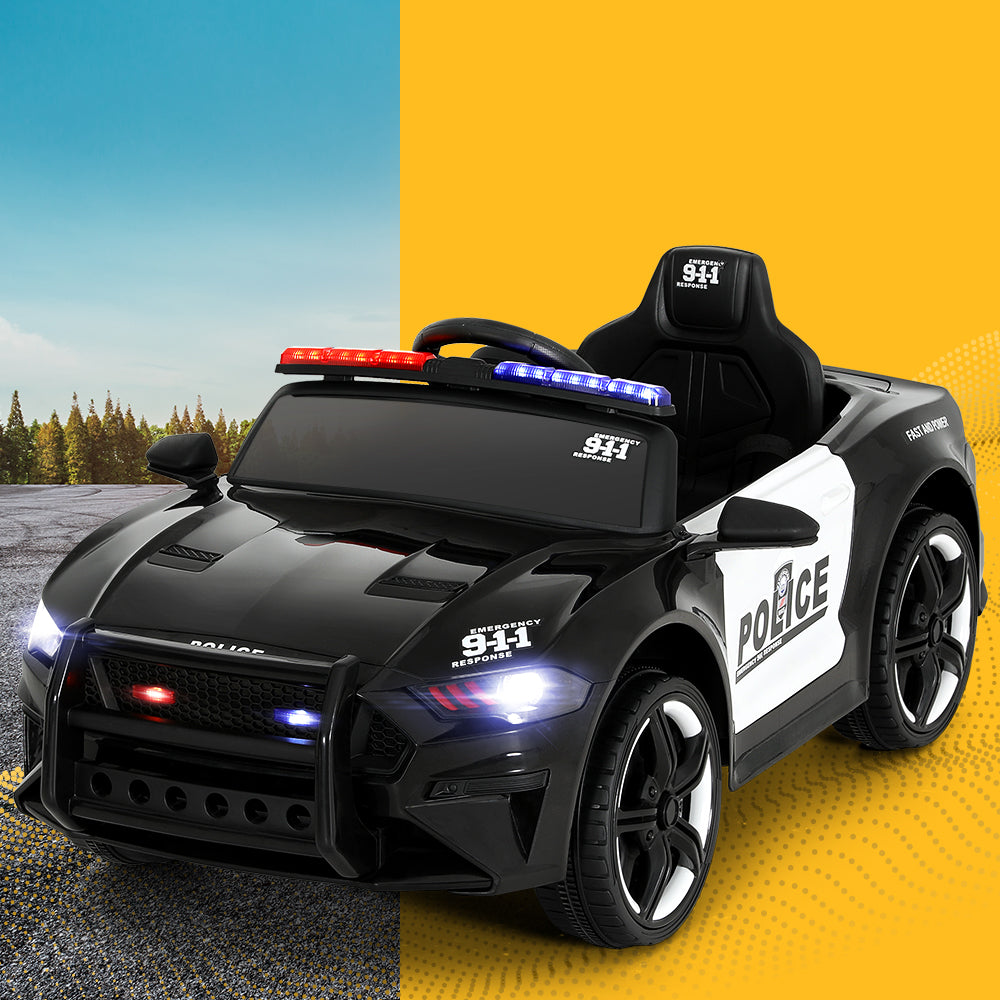 Toy police car with lights on a two-tone background