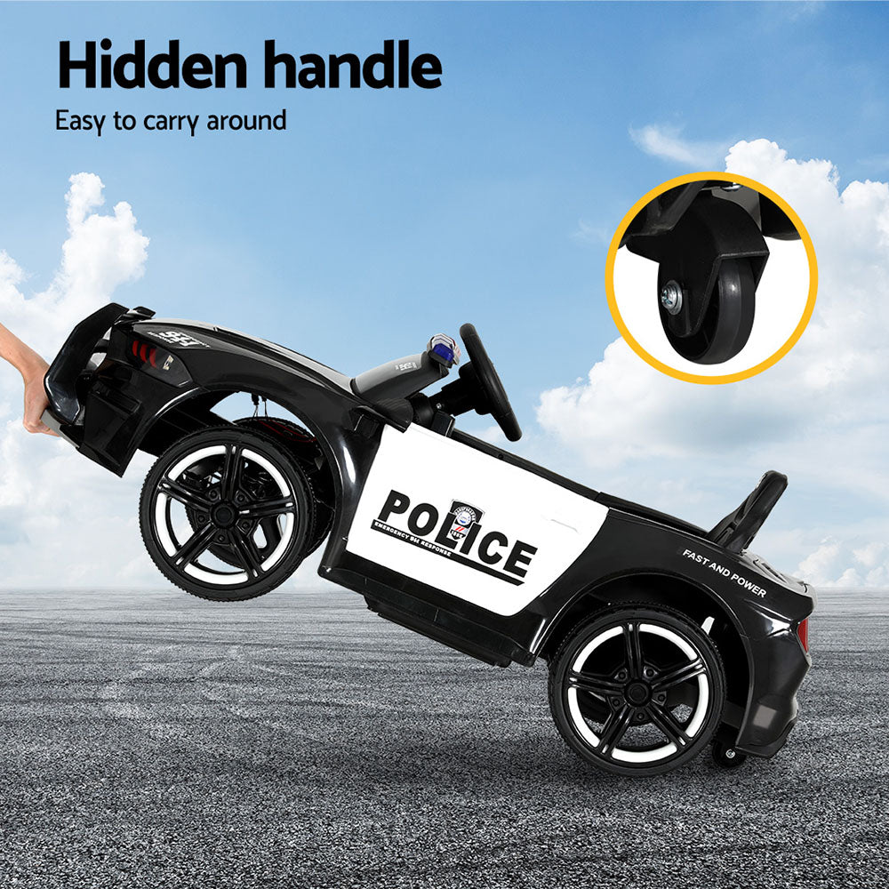 Children's police-themed toy car with a hidden handle on a road with a blue sky background.