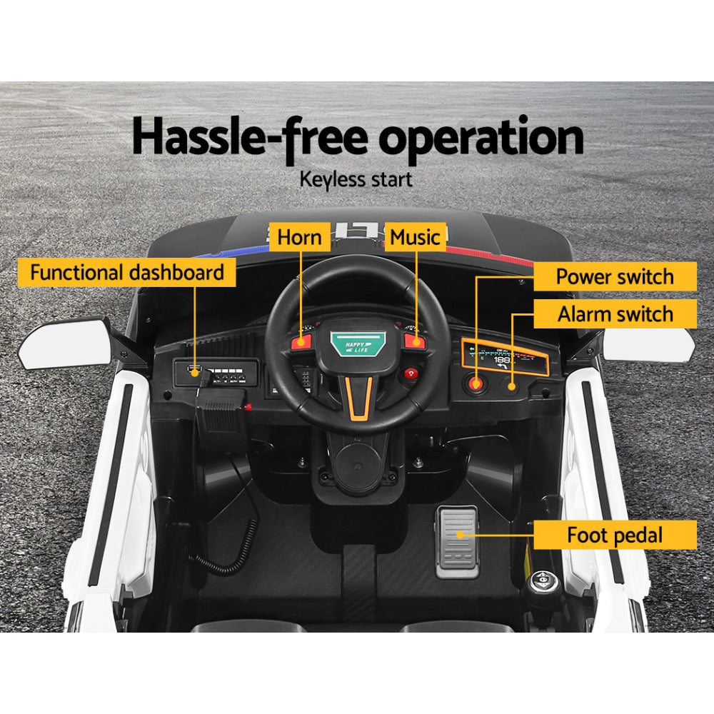 Control panel of a toy car with labeled features on a gray background