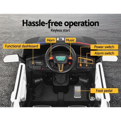 Control panel of a toy car with labeled features on a gray background