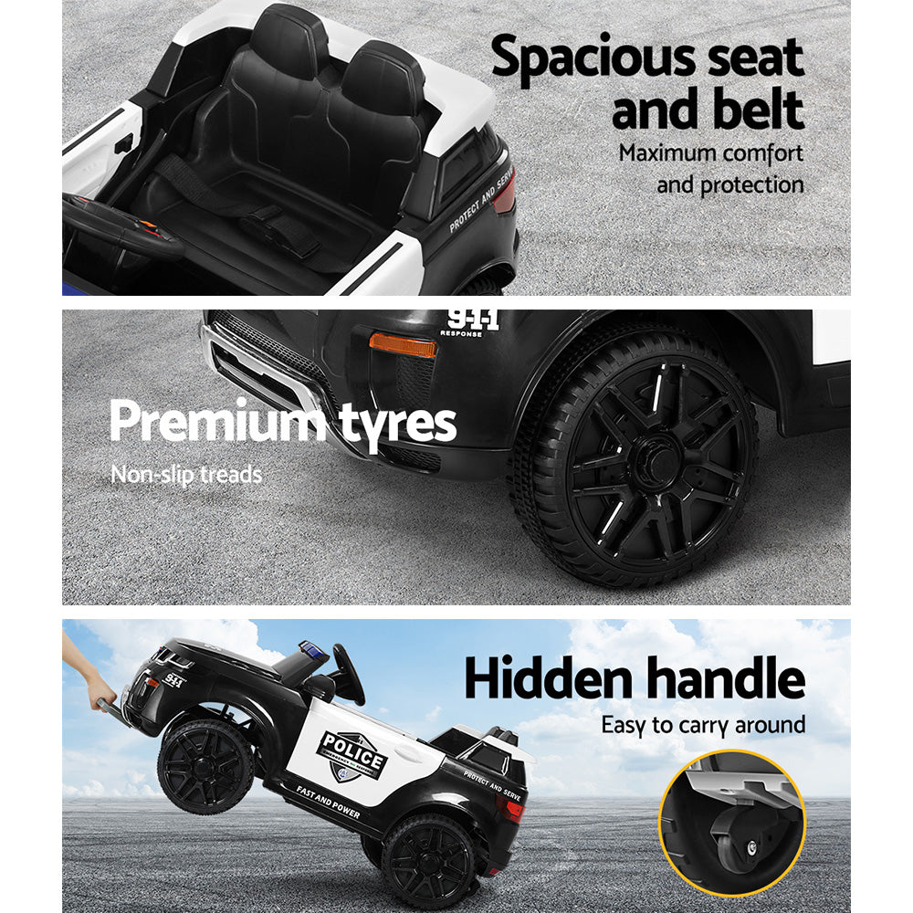 Children's toy police car with features highlighted on a gray background