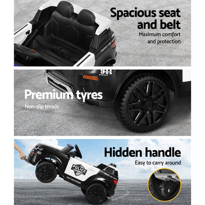 Children's toy police car with features highlighted on a gray background