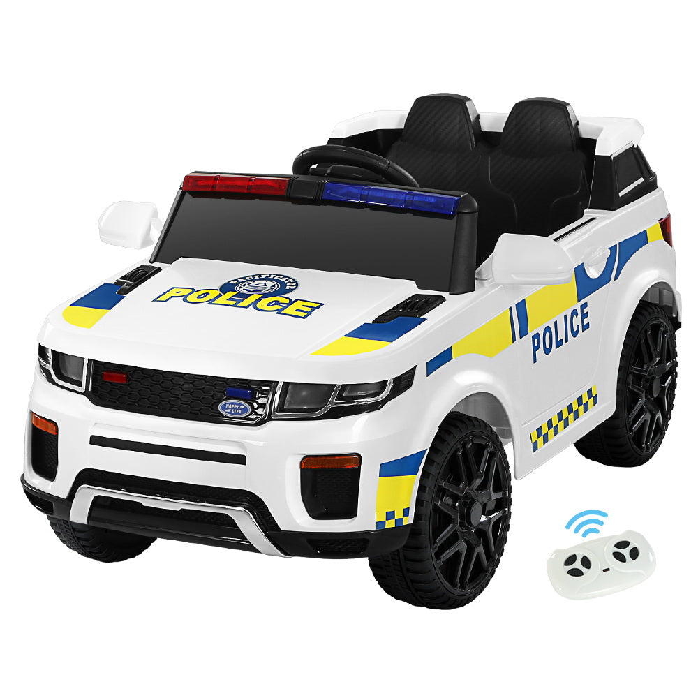 Children's toy police car with remote control on a white background