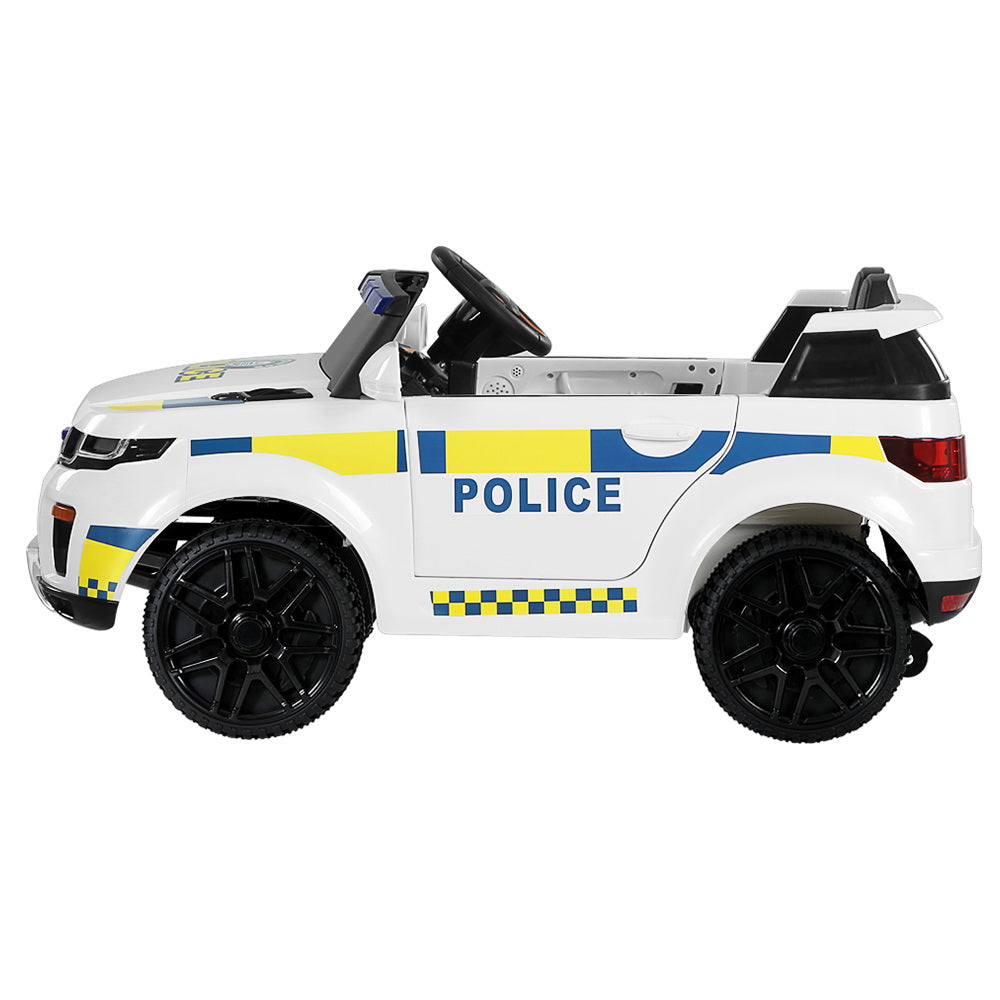 Toy police car with white body, black wheels, and blue and yellow stripes on a white background