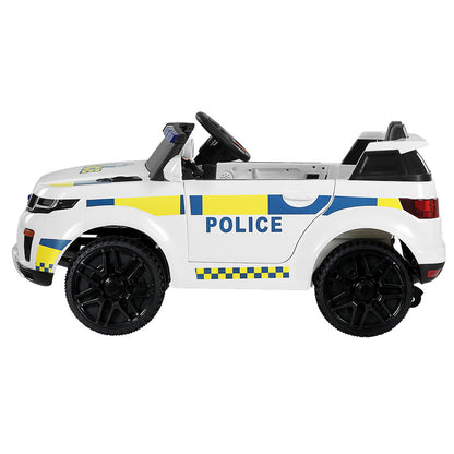 Toy police car with white body, black wheels, and blue and yellow stripes on a white background