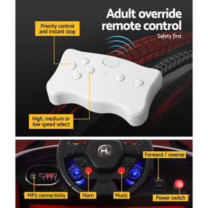 White remote control with labeled functions on a black background