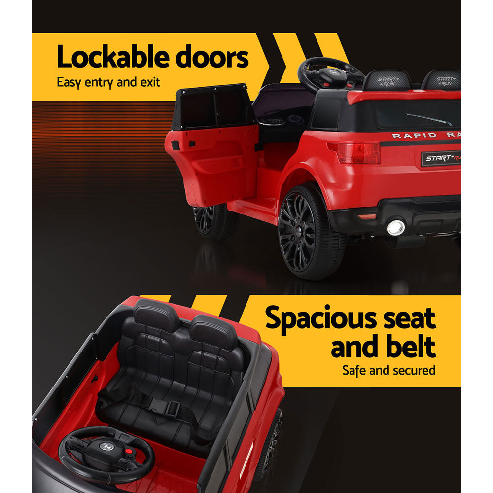 Red toy car with lockable doors and spacious seat on a black background