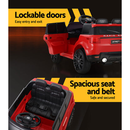 Red toy car with lockable doors and spacious seat on a black background