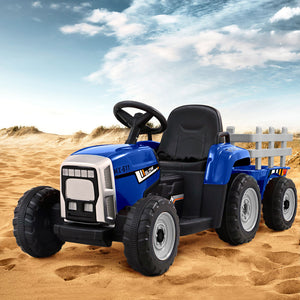 Blue toy tractor with a black seat and white wheels on sandy terrain under a blue sky.