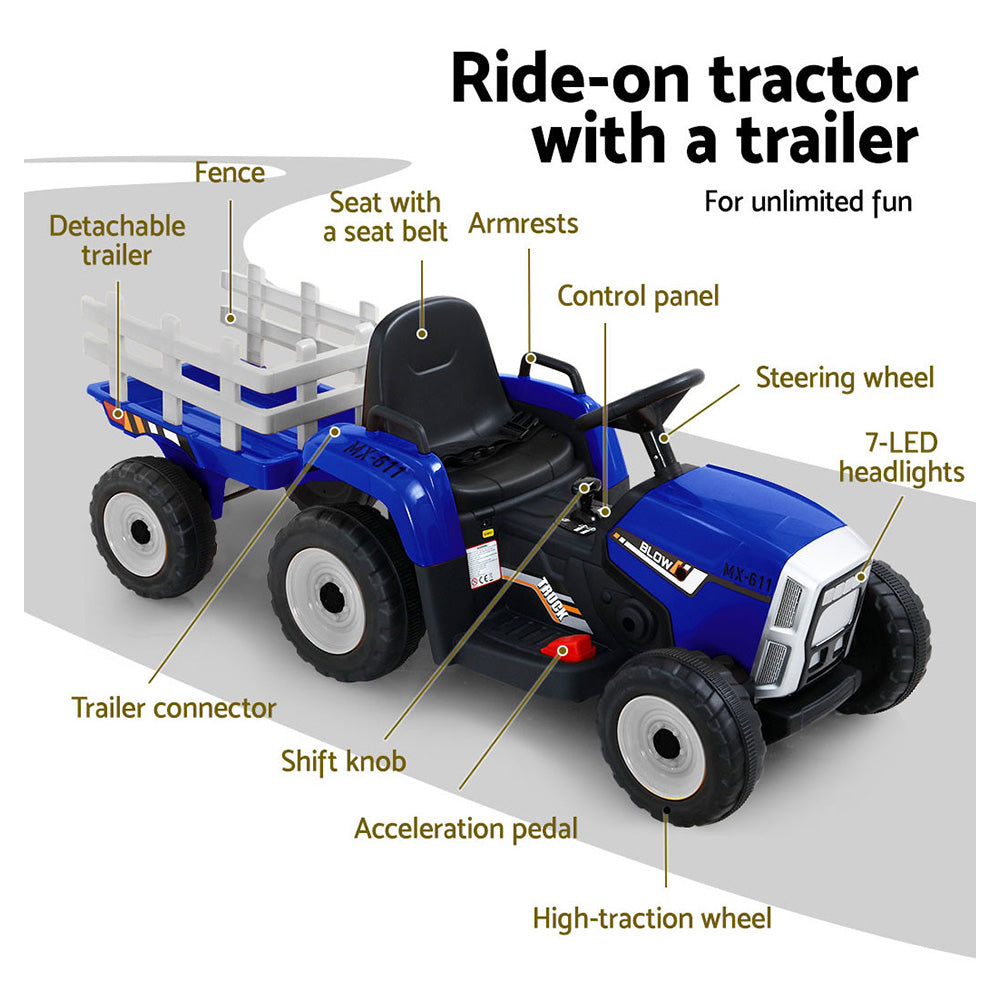 Ride-on tractor with a trailer and labeled parts on a white background