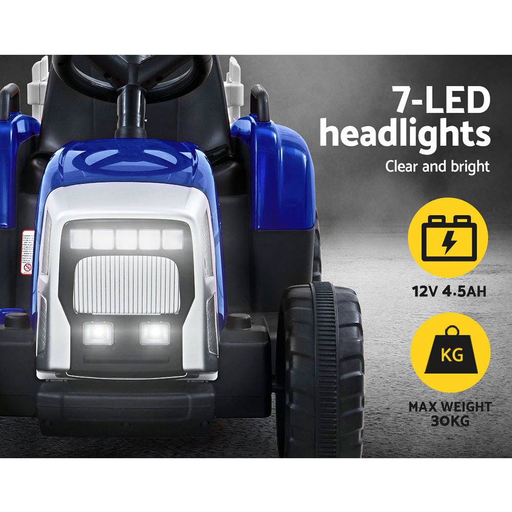 Toy tractor with 7-LED headlights on a dark background