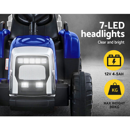 Toy tractor with 7-LED headlights on a dark background