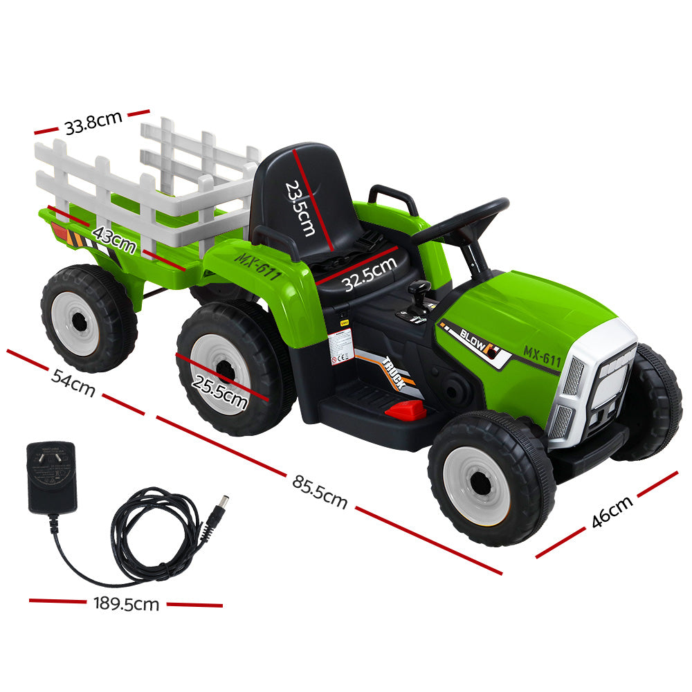 Green toy tractor with trailer and charging cable, featuring dimensions on a white background.