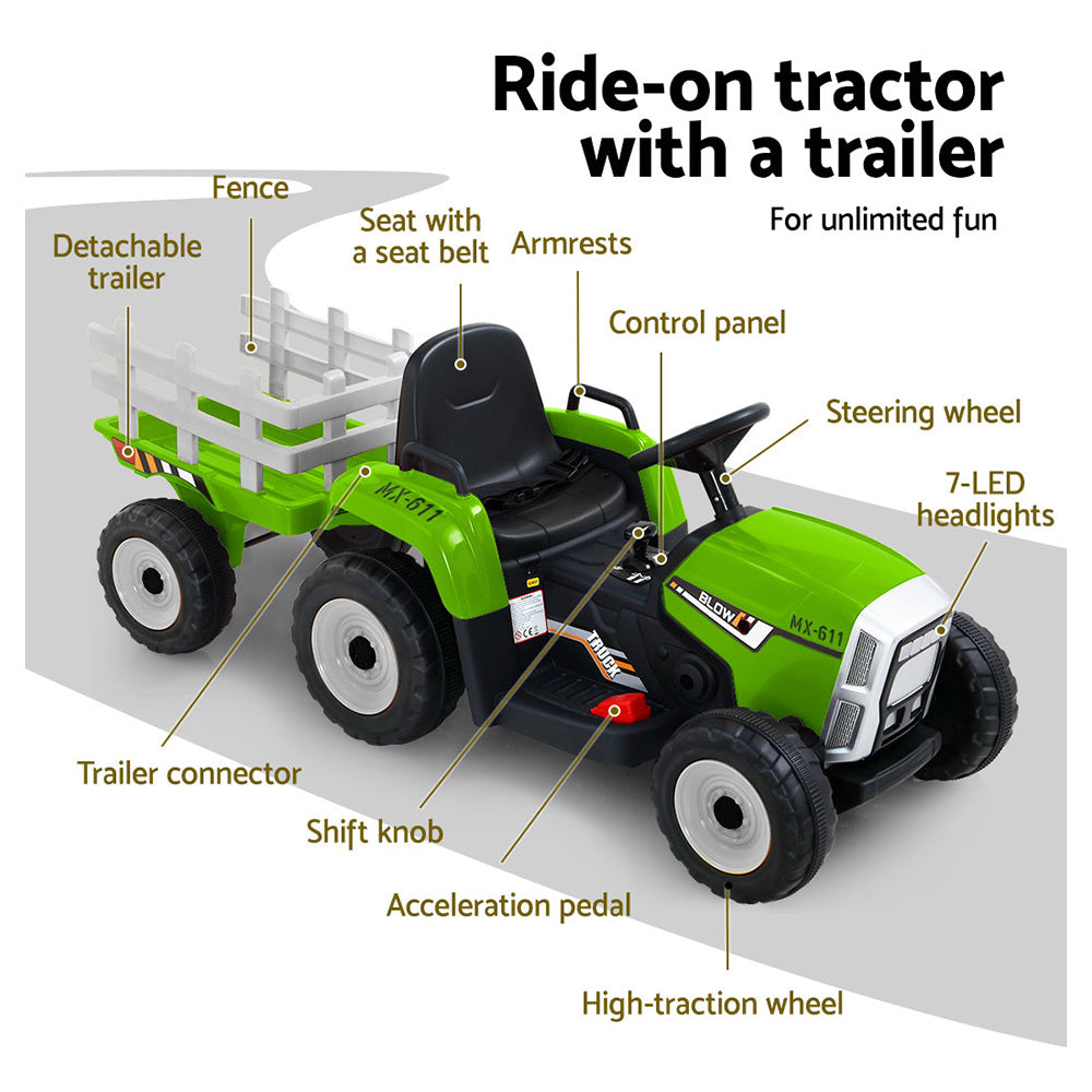 Diagram of a green ride-on tractor with a trailer, labeled with features.