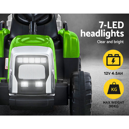 Green toy tractor with 7-LED headlights on a gray background