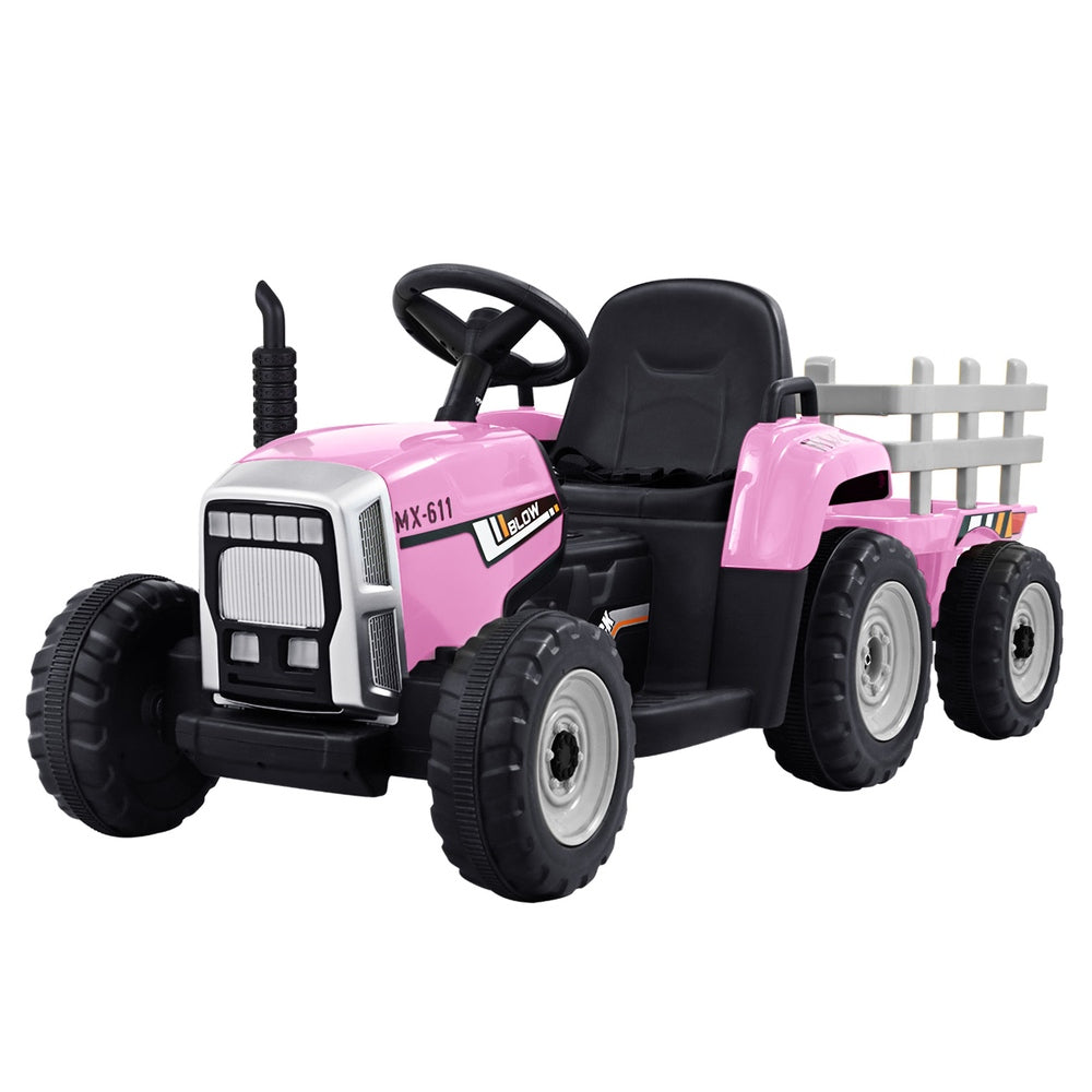 Pink toy tractor with black seat and wheels on a white background