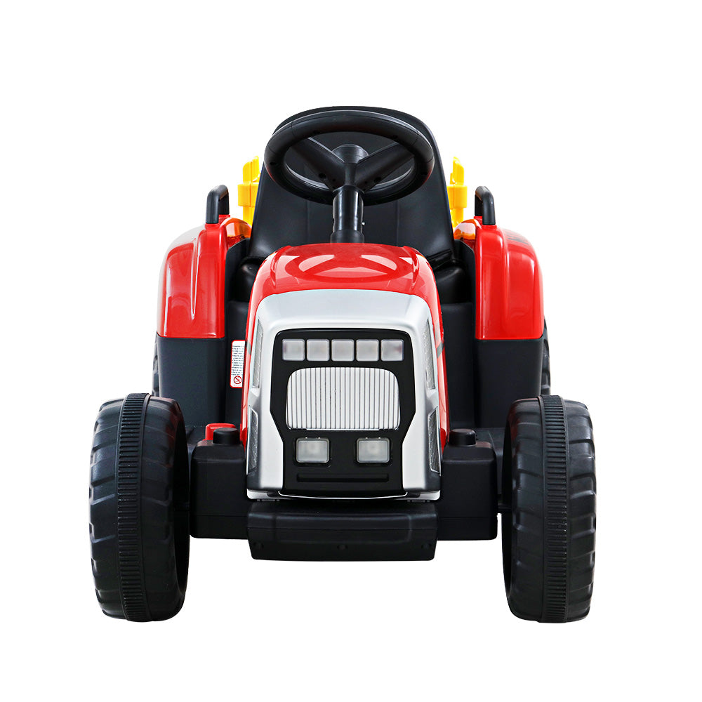 Toy tractor with red and black design on a white background