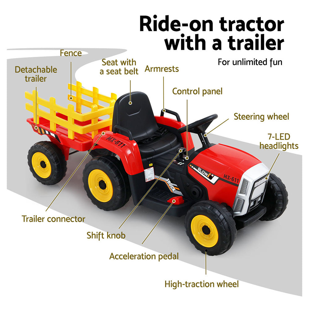Red ride-on tractor with a yellow trailer labeled with features on a white background