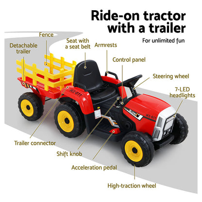 Red ride-on tractor with a yellow trailer labeled with features on a white background