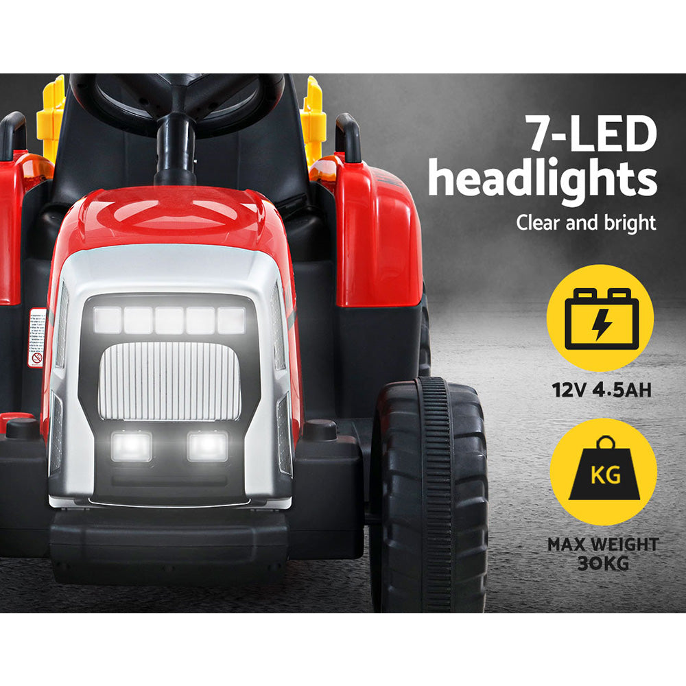 Toy tractor with 7-LED headlights on a dark background