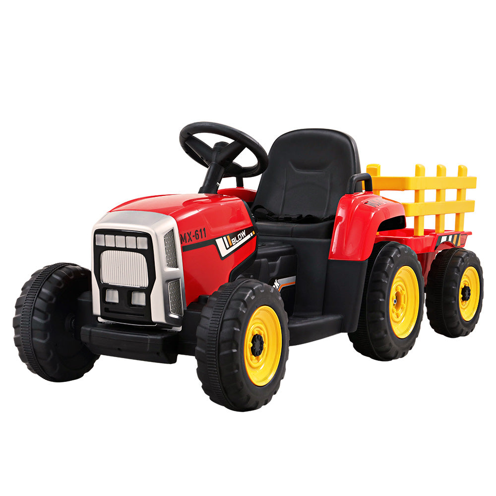 Red toy tractor with black seat and yellow wheels on a white background