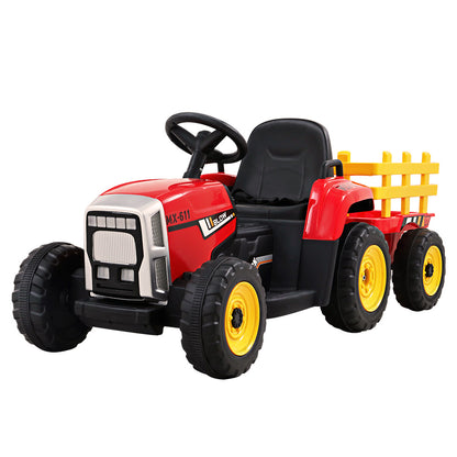 Red toy tractor with black seat and yellow wheels on a white background