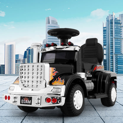 Toy truck with flames on a cityscape background