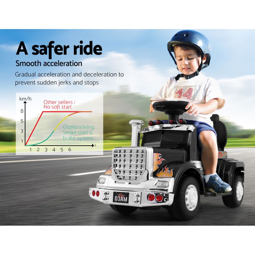 Child riding a toy truck with safety features highlighted on a road.
