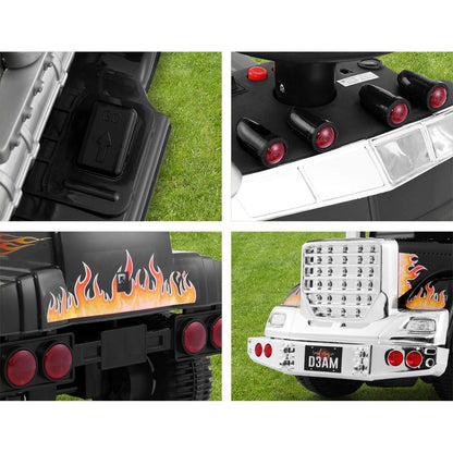 Four views of a toy truck with flame design and visible branding.