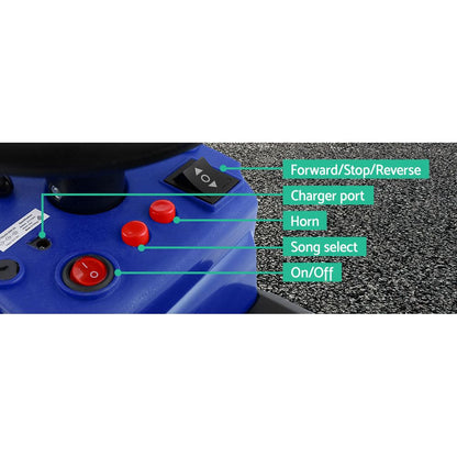 Blue control panel with labeled buttons on a white background