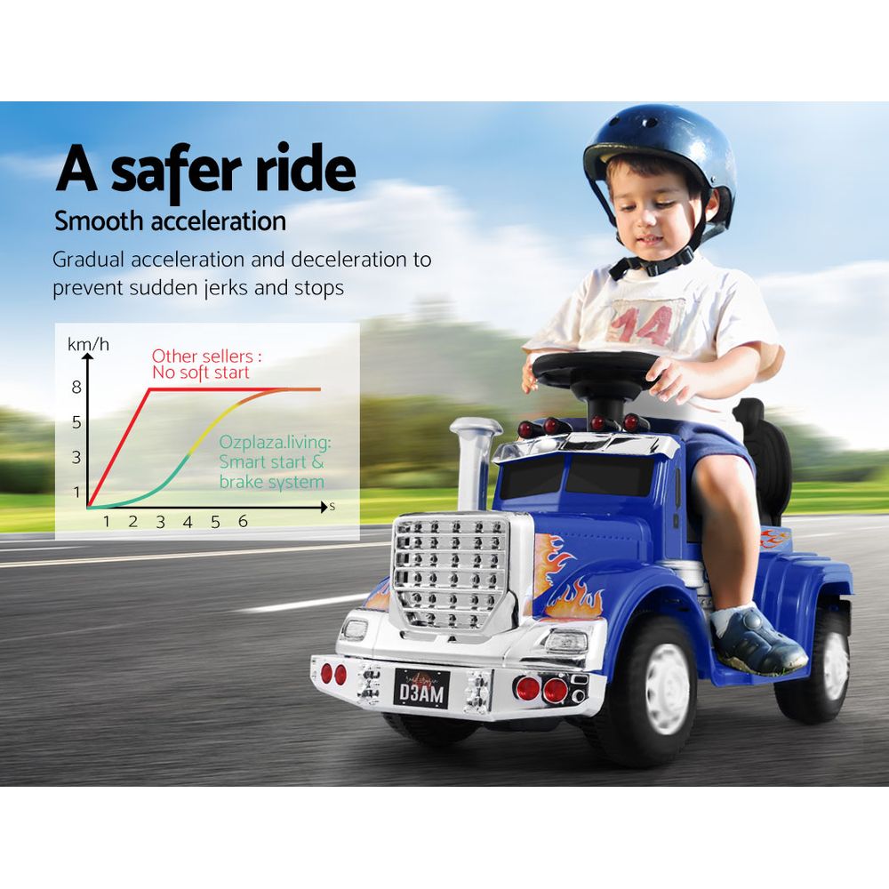 Child riding a toy truck with safety features highlighted on a road.