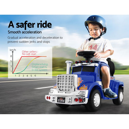 Child riding a toy truck with safety features highlighted on a road.