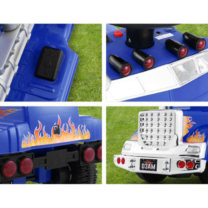 Close-up details of a blue toy truck with flame design on grass