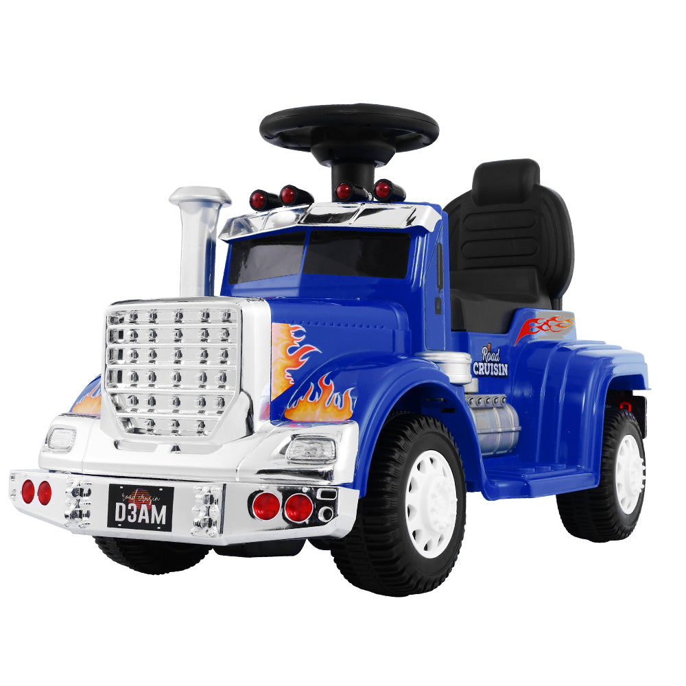 Blue toy truck with detailed design on a white background