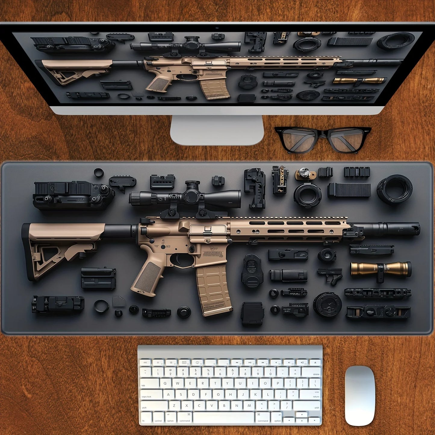 XXL 3D Gun Desk Mat Extended Gaming Mouse Pad Stitched Edge Anti-Slip Rubber Base Washable Large Keyboard Mat for Office Carpet