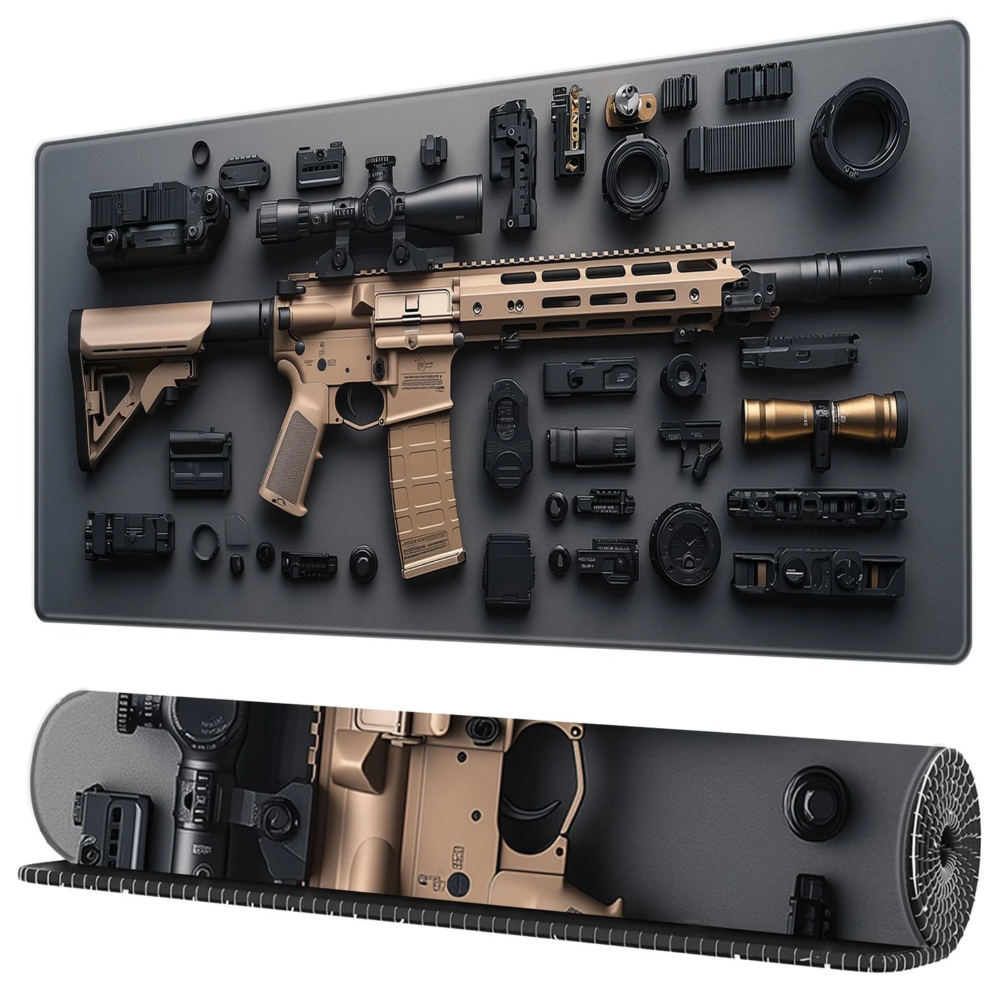 XXL 3D Gun Desk Mat Extended Gaming Mouse Pad Stitched Edge Anti-Slip Rubber Base Washable Large Keyboard Mat for Office Carpet