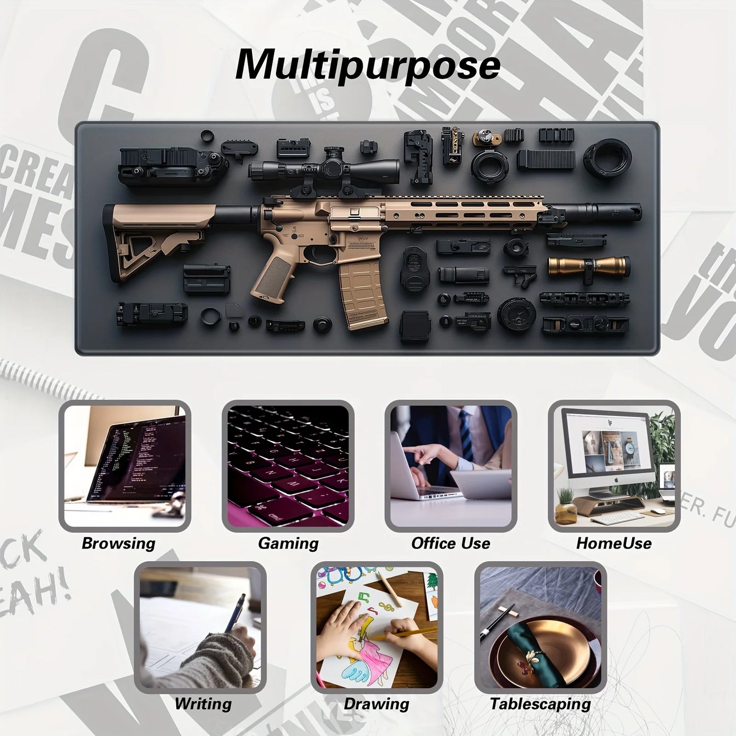 XXL 3D Gun Desk Mat Extended Gaming Mouse Pad Stitched Edge Anti-Slip Rubber Base Washable Large Keyboard Mat for Office Carpet