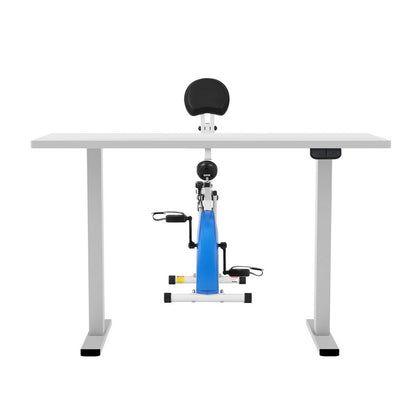 Desk with attached exercise bike on a white background