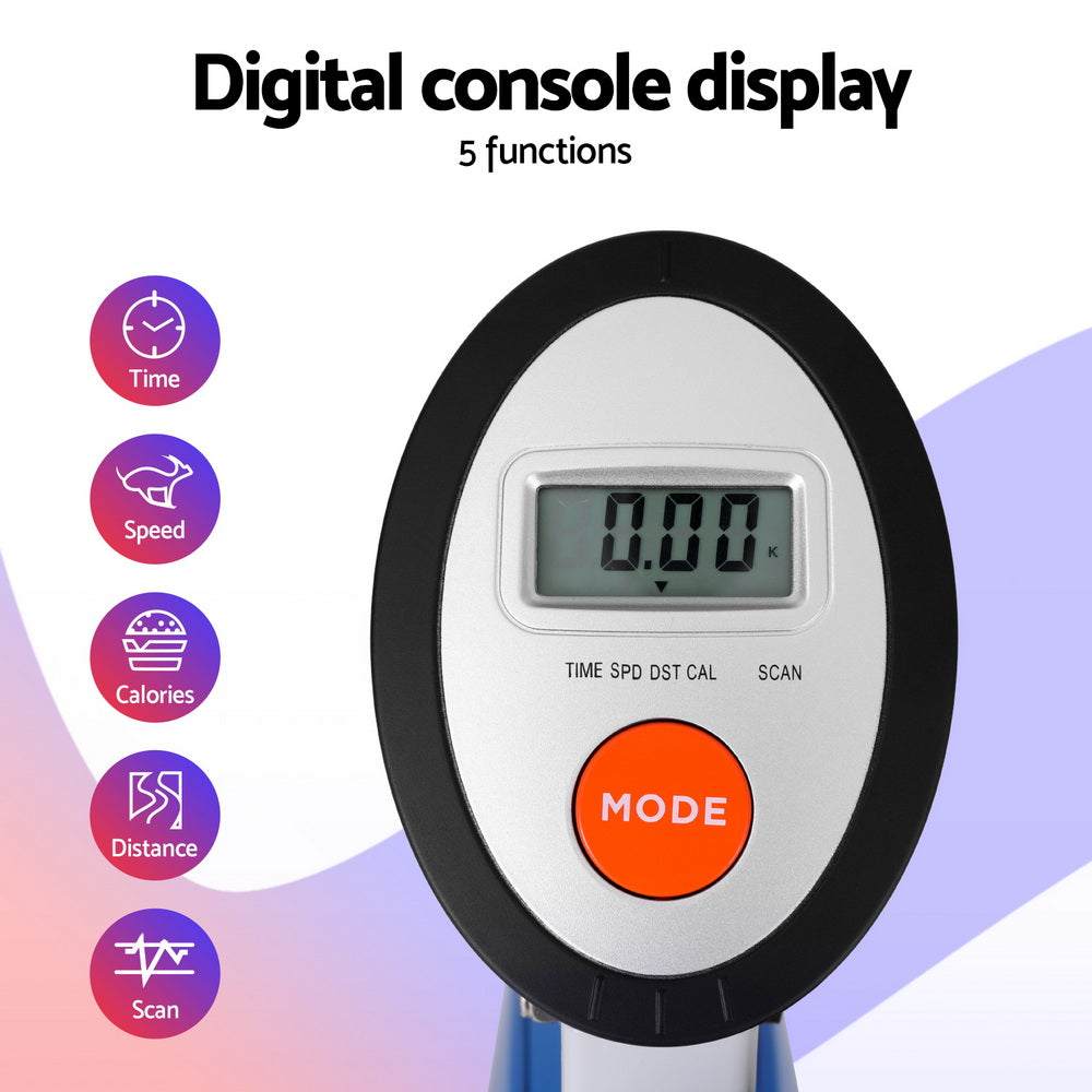 Digital console display with five function icons on a colorful background