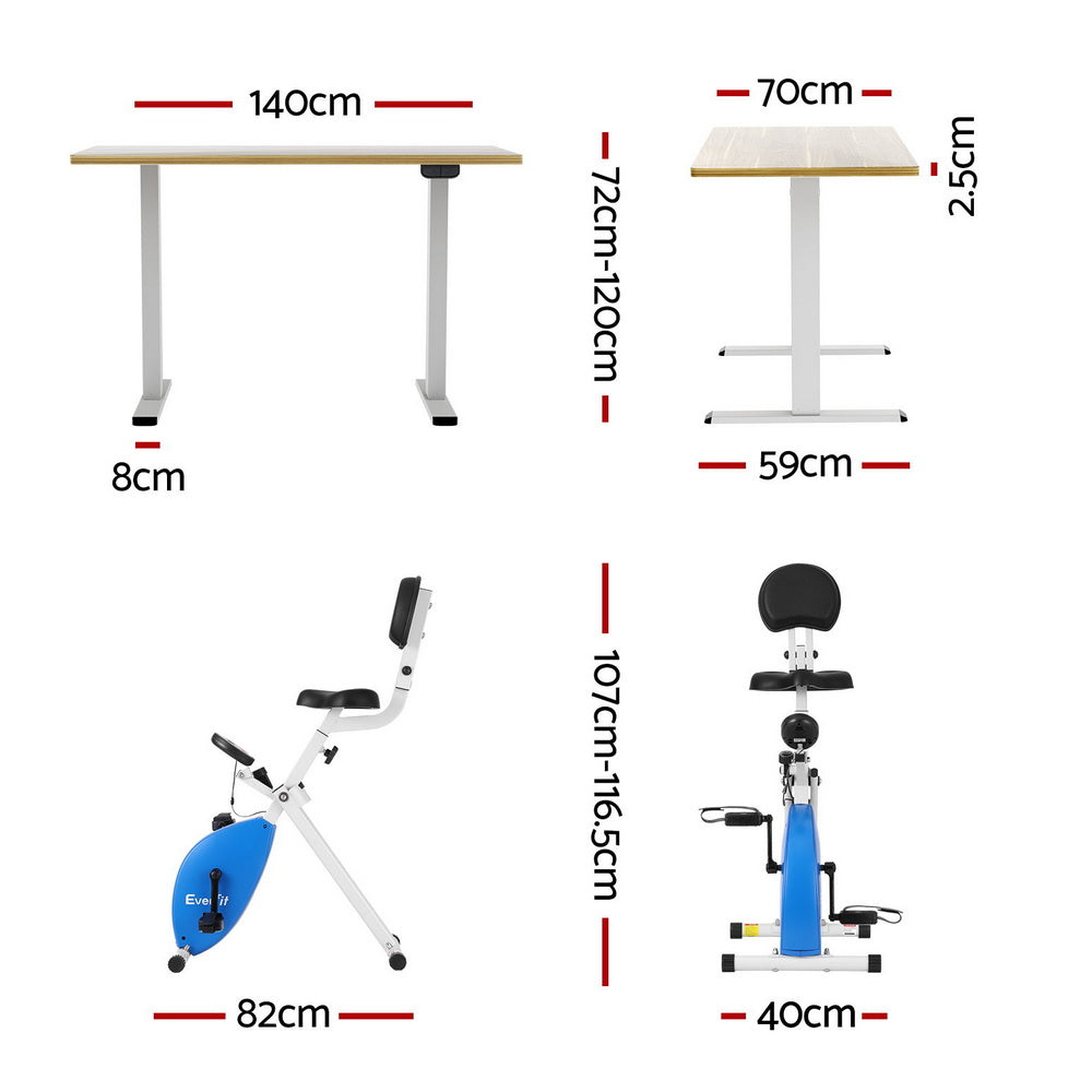 Dimensions of a table and two exercise bikes on a white background