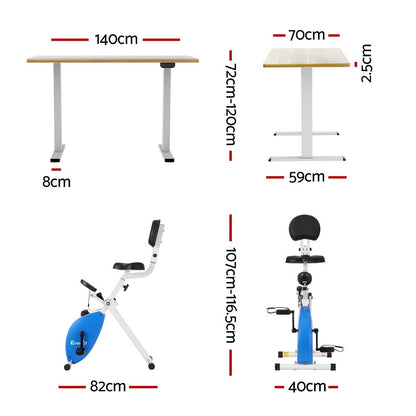 Dimensions of a table and two exercise bikes on a white background