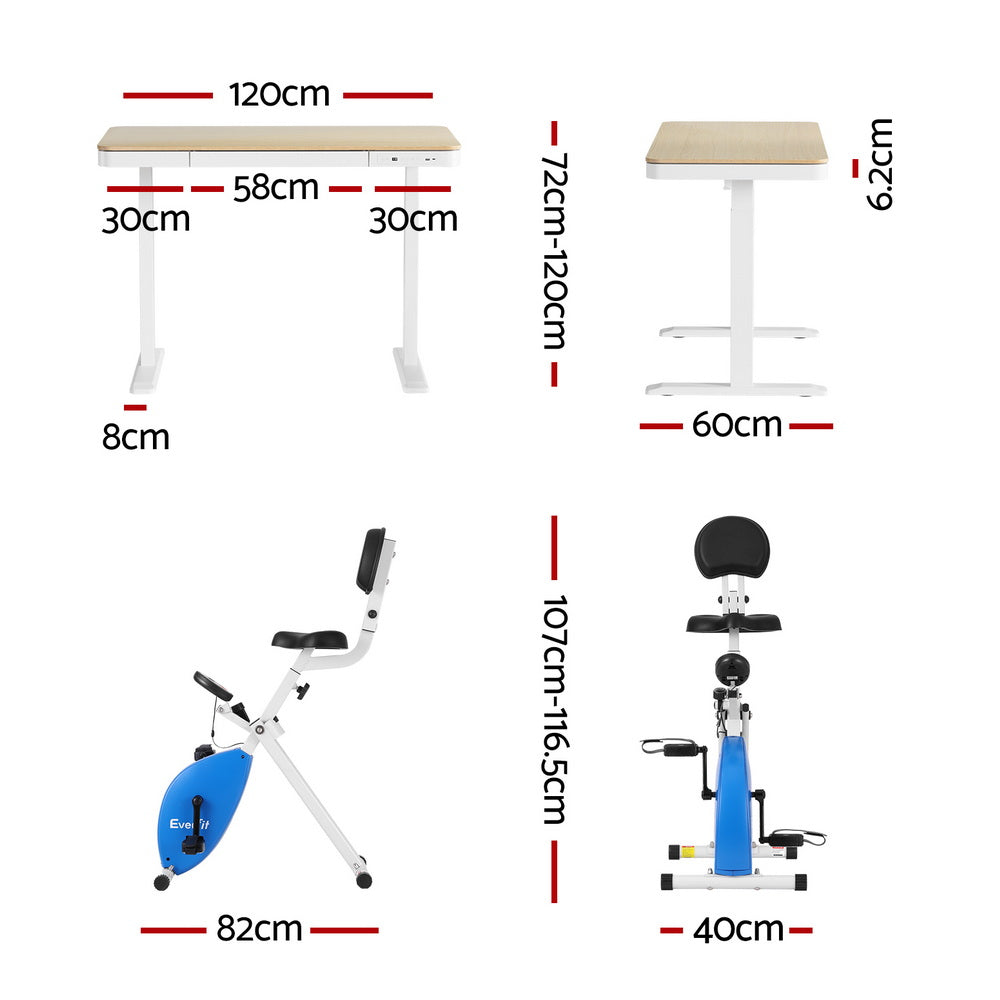 Dimensions of a foldable exercise bike with a table attachment on a white background